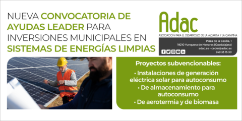 Ampliación de las ayudas para inversiones municipales en energías limpias en La Alcarria y La Campiña