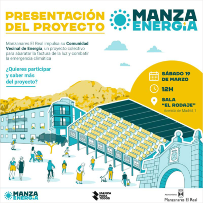 Cartel de la presentación de ManzaEnergía la comunidad energética vecinal de Manzanares el Real.