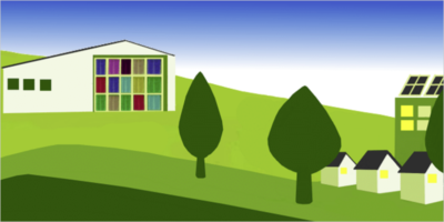 casa en el campo con fachada de colores