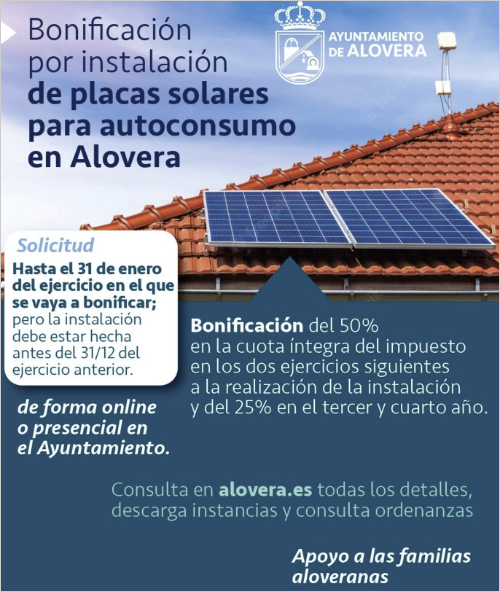 Bonificación por instalación de placas solares para autoconsumo en Alovera.