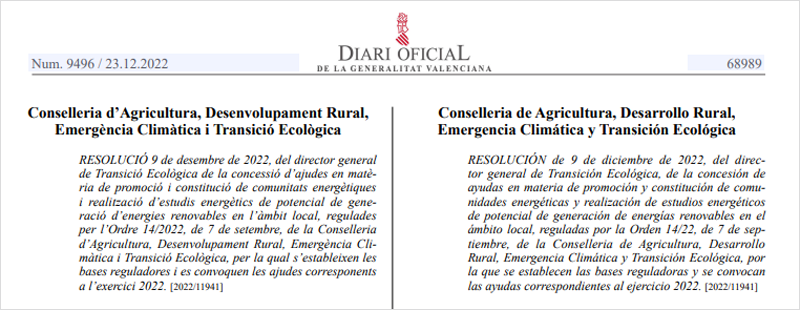 Extracto publicación Diario Oficial Generalitat Valenciana.