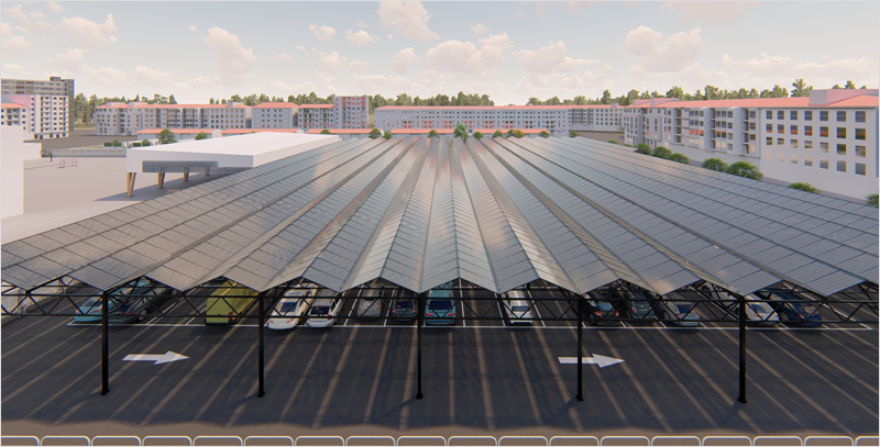 Maqueta aparcamiento techado y en el tejado placas solares.