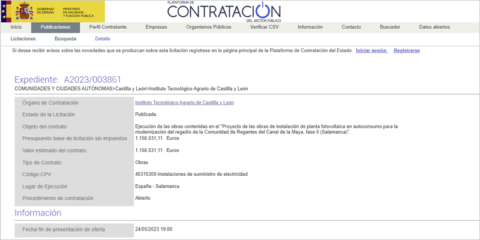 Licitación para las obras de una planta fotovoltaica en la Comunidad de Regantes del Canal de La Maya