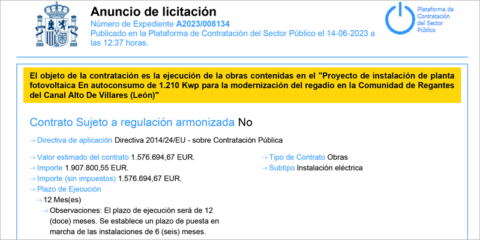 Abierta la licitación para implantar energía fotovoltaica en la Comunidad de Regantes del Canal Alto Villares