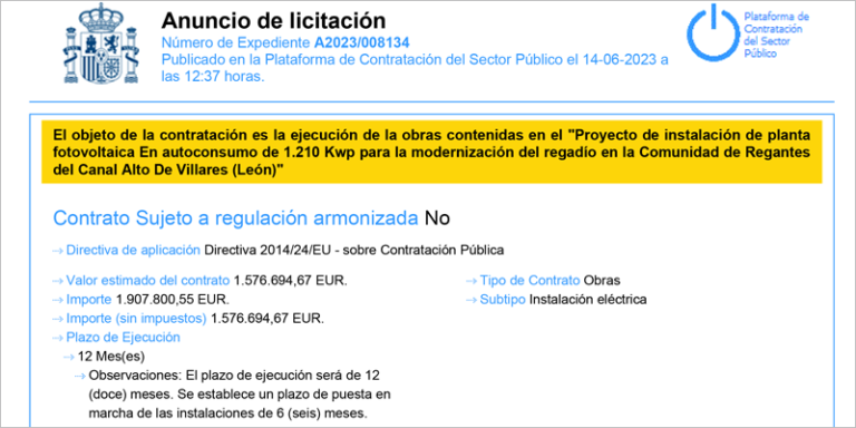 Proyecto de instalación de planta fotovoltaica En autoconsumo de 1.210 Kwp para la modernización del regadío en la Comunidad de Regantes del Canal Alto De Villares (León)