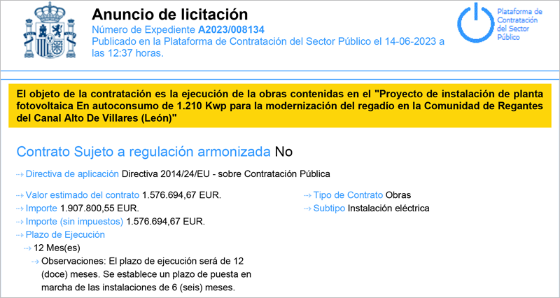 Proyecto de instalación de planta fotovoltaica En autoconsumo de 1.210 Kwp para la modernización del regadío en la Comunidad de Regantes del Canal Alto De Villares (León)