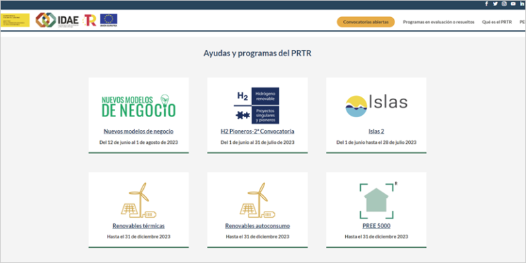 Nueva web específica del IDAE sobre sus líneas de ayudas del PRTR para el despliegue de energías renovables