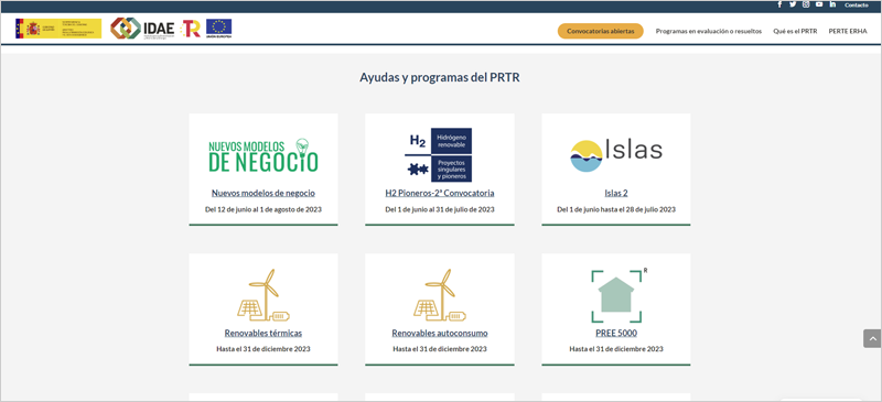 Nueva web específica del IDAE sobre sus líneas de ayudas del PRTR para el despliegue de energías renovables