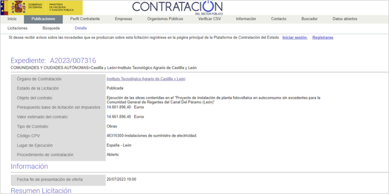 publicación de la licitación