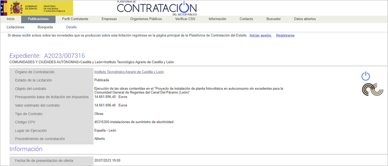 publicación de la licitación