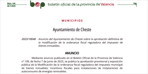 Aprobada la bonificación del 50% del IBI por instalar placas solares en viviendas de Cheste