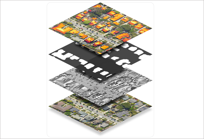 Imágenes de las 'Data Layers' de API Solar. De arriba a abajo: mapa de flujo, máscara de edificio, modelo de superficie digital (DSM) y RGB (foto aérea).