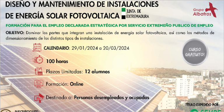 Cartel informativo de los dos nuevos cursos lanzados por el SEXPE relacionados con el diseño, montaje y mantenimiento de instalaciones fotovoltaicas y térmicas.