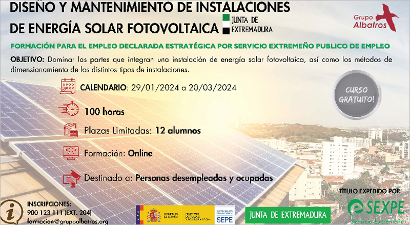 Cartel informativo de los dos nuevos cursos lanzados por el SEXPE relacionados con el diseño, montaje y mantenimiento de instalaciones fotovoltaicas y térmicas.