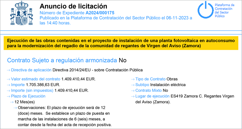 Licitada por 1,7 millones la instalación de una planta solar para la Comunidad de Regantes de Virgen del Aviso