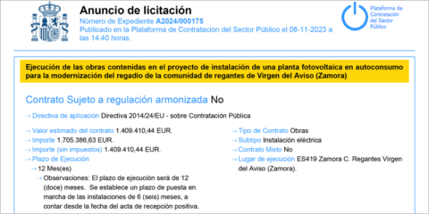 Abierta la licitación para instalar una planta fotovoltaica en la Comunidad de Regantes de Virgen del Aviso