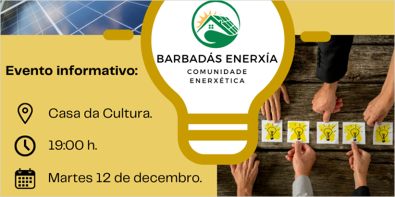 Cartel informativo del Ayuntamiento de Barbadás para dar a conocer el evento donde pretenden informar a los ciudadanos sobre la comunidad energética 'Barbadás Energía'.