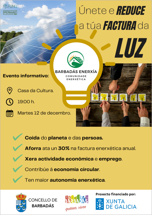 Cartel informativo del Ayuntamiento de Barbadás para dar a conocer el evento donde pretenden informar a los ciudadanos sobre la comunidad energética 'Barbadás Energía'.