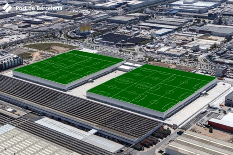 Render de la nave ocupada por Decathlon que muestra cómo su planta fotovoltaica ocupará el equivalente a 15 campos de fútbol.