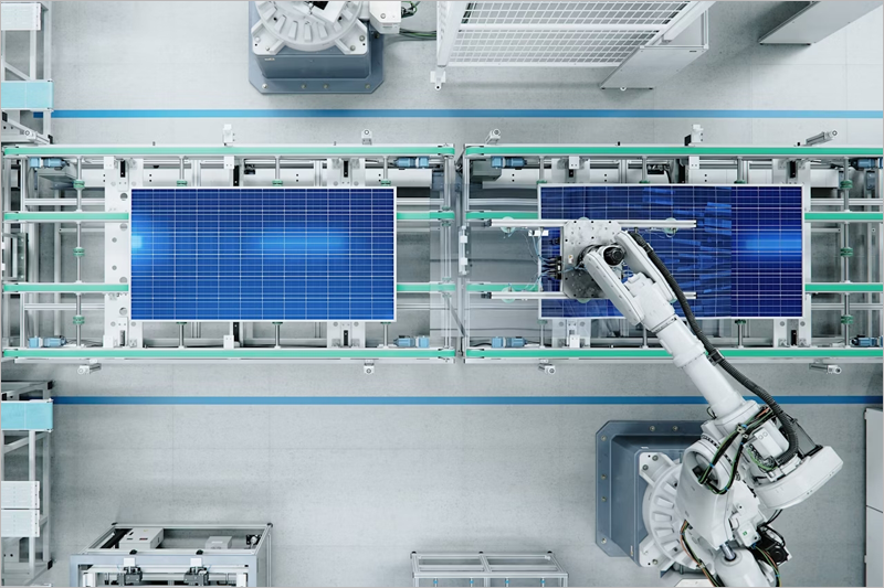 Imagen del proceso mecanizado de fabricación de paneles solares.