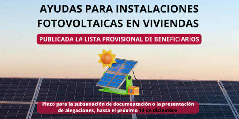 Cartel informativo de la publicación de la lista provisional de ayudas para instalaciones de placas fotovoltaicas en viviendas en Puerto del rosario, Fuerteventura.