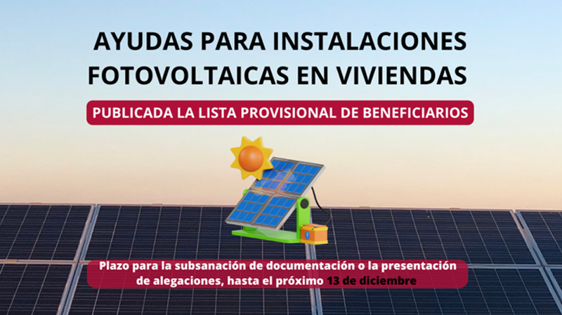 Cartel informativo de la publicación de la lista provisional de ayudas para instalaciones de placas fotovoltaicas en viviendas en Puerto del rosario, Fuerteventura.