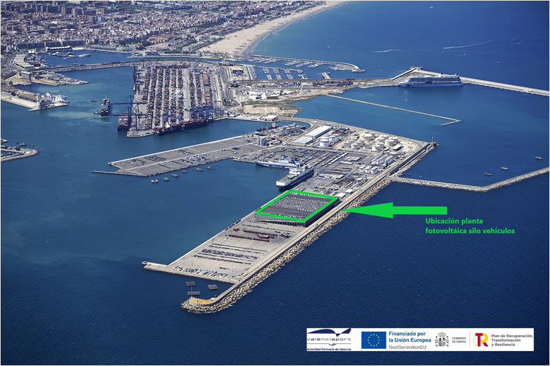 Mapa de localización de la planta fotovoltaica sobre la cubierta del silo de vehículos ubicado en la concesión de VTE en el Dique Este del puerto de Valencia.