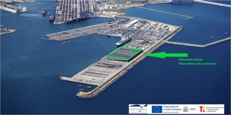 Mapa de localización de la planta fotovoltaica sobre la cubierta del silo de vehículos ubicado en la concesión de VTE en el Dique Este del puerto de Valencia.