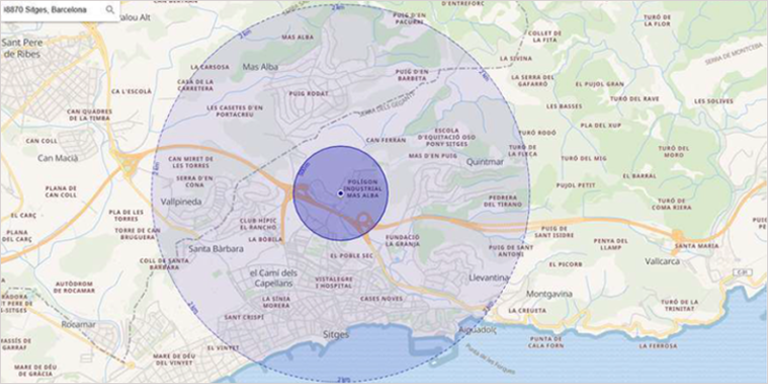 Mapa del radio de Sitges que alcanza la comunidad energética local.