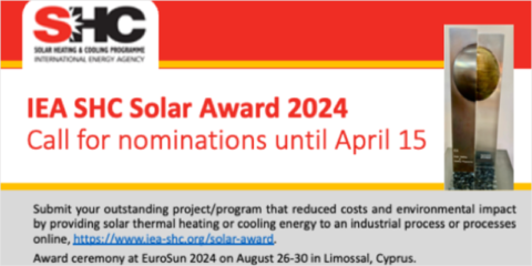 Premio SHC Solar 2024 a proyectos de calefacción y refrigeración solar de procesos industriales