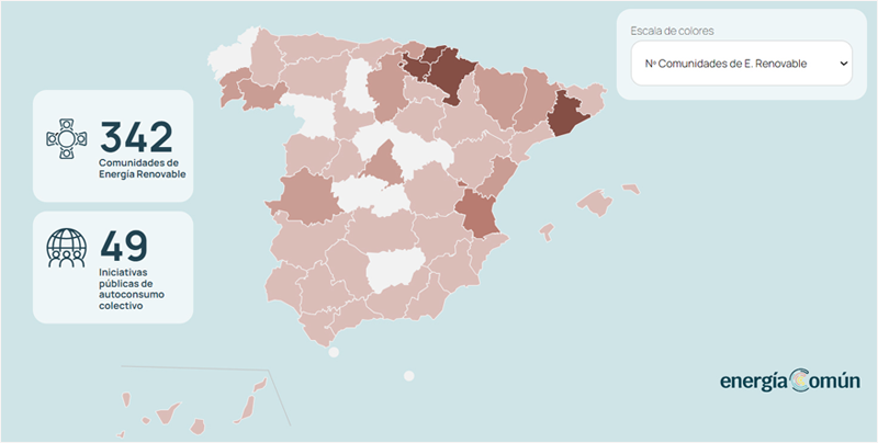 Mapa de representación de las comunidades energéticas en España.