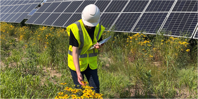 Trabajador en una instalación solar en terreno agrícola.