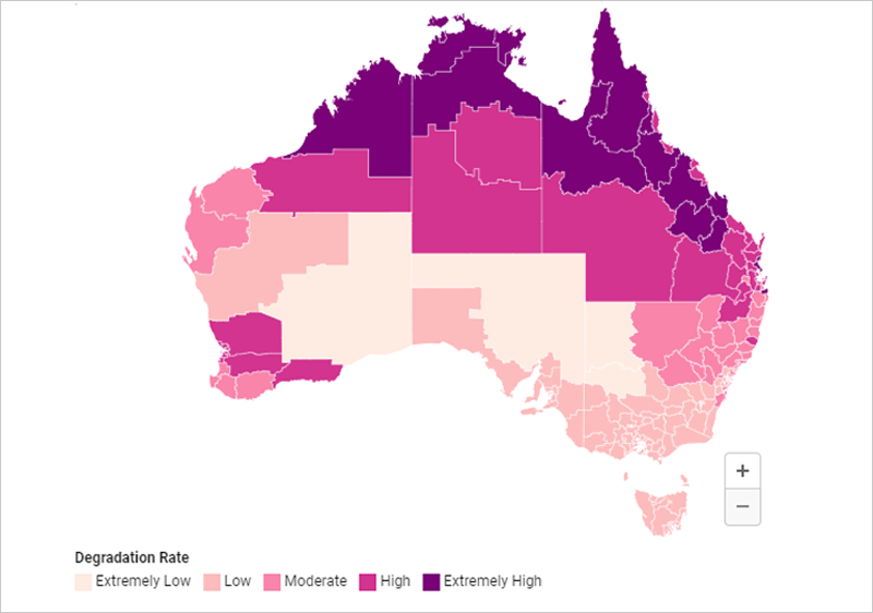 Mapa degradación fotovoltaica de Australia.