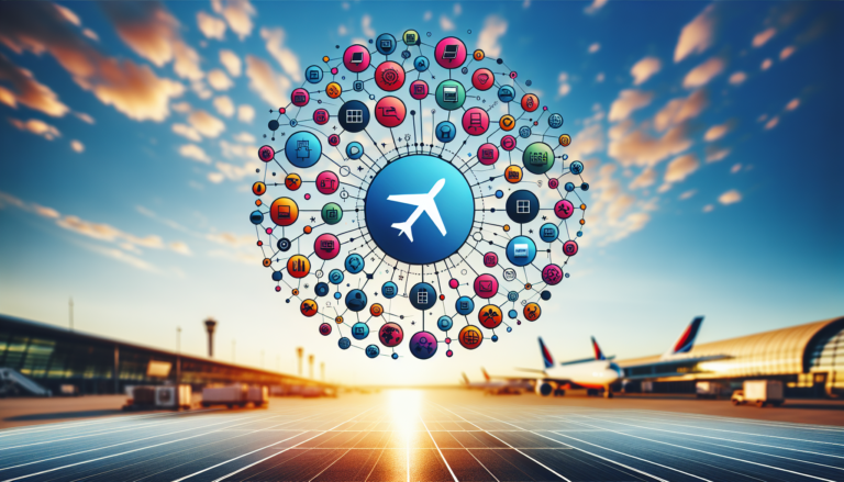 Vista aérea de un aeropuerto moderno con paneles solares integrados en su diseño, simbolizando la combinación de infraestructuras y energía renovable en un sólo lugar unificado. Aeropuerto con paneles solares integrados en su diseño, mostrando la integración de infraestructuras aeroportuarias con energía solar.