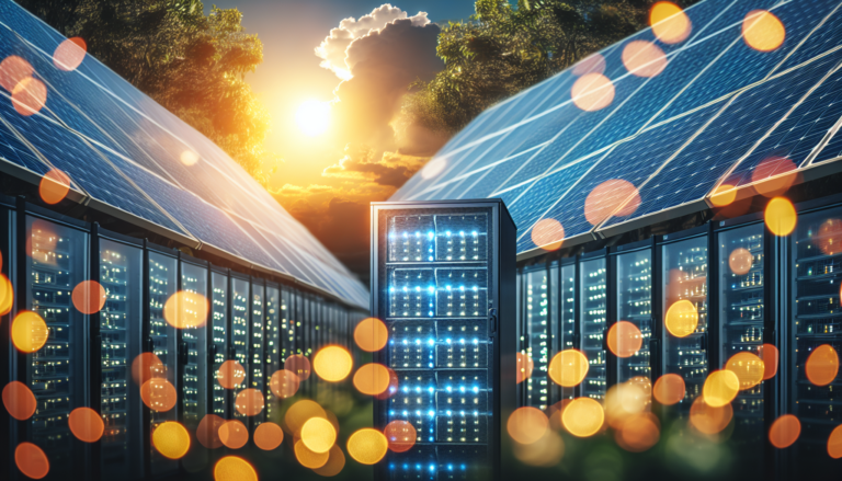 Futurista amalgama visual de Almacenamiento de Datos y Energía Solar, representada por un fondo innovador y un esquema detallado, simbolizando la integración de tecnologías clave en un solo concepto. Ilustración composicional de Almacenamiento de Datos y Energía Solar, fusionadas en un diseño innovador que representa la convergencia tecnológica para la eficiencia energética.