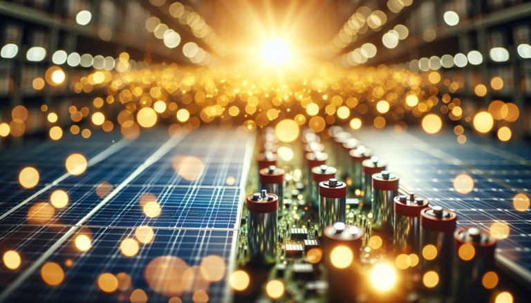 Fondo que muestra la integración de Almacenamiento Energético y Energía Solar, junto con un esquema simbólico del almacenamiento de energía. Representación visual de la eficiencia energética y la sostenibilidad. Fondo y esquema sobre Almacenamiento Energético y Energía Solar. Eficiencia energética y sostenibilidad en una única imagen.