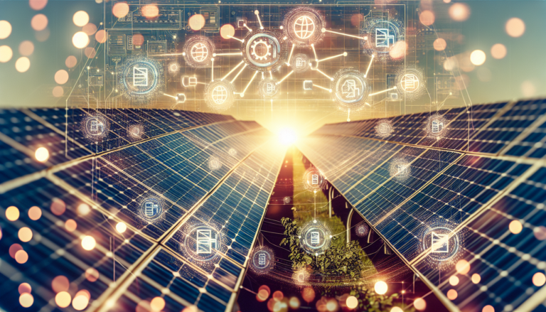 Imagen mostrando la integración de la Interfaz de Programación de Aplicaciones (API) en el contexto de la Energía Solar. Destaca un esquema emblemático de la API junto a un fondo ilustrativo de paneles solares. Esquema representativo de la Integración de la Interfaz de Programación de Aplicaciones (API) en la Energía Solar sobre un fondo de paneles solares.