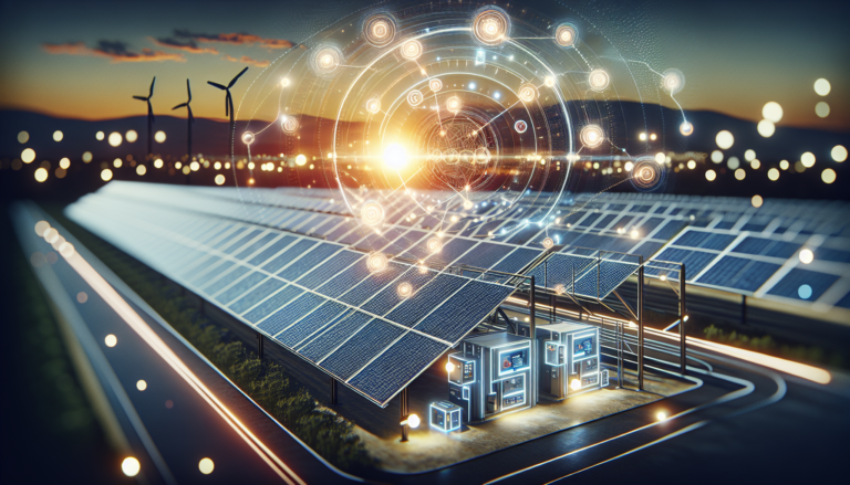 Fondo creativo que mezcla Automatización y Control con Energía Solar, junto a un esquema simbólico sobre la eficiencia energética, presentando la interacción entre ambas temáticas de forma visual e impactante.