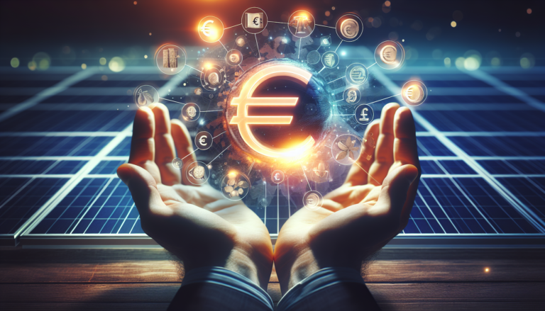 Ilustración energética de Ayudas y Subvenciones en Energía Solar, con fondo fusionado y esquema detallado, simbolizando el respaldo económico a iniciativas de energía solar.