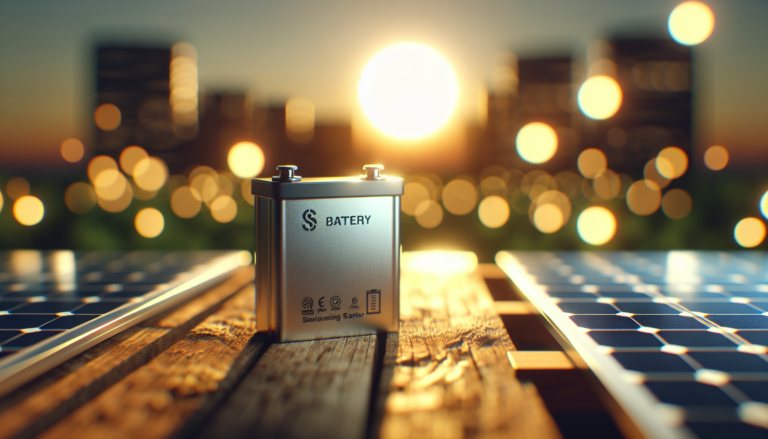 Imagen representativa de la esencia de las baterías en el contexto de la energía solar, fusionando elementos visuales que simbolizan su función y aplicación práctica. Batería y energía solar combinadas en una ilustración que destaca la importancia de las baterías en el almacenamiento de energía renovable.