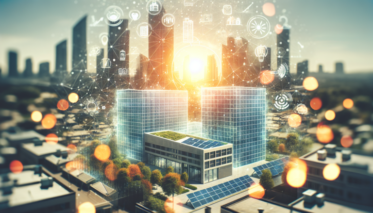 Ilustración de la integración de BEMS (Building Energy Management Systems) y Energía Solar, mostrando eficiencia energética en la gestión de edificios y generación solar. Esquema integrando BEMS y Energía Solar, simbolizando la eficiencia energética en la gestión de edificios y generación solar.