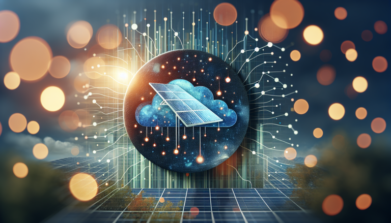 Fondo abstracto fusionando Big Data y Energía Solar. Esquema simbólico con datos y paneles solares. Integración tecnológica visual.