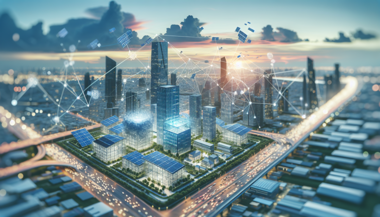 Ilustración que combina elementos de BIM y Energía Solar en un diseño futurista y funcional, representando la integración de tecnologías innovadoras en la construcción sostenible. Diseño futurista integrando BIM y Energía Solar para construcción sostenible.