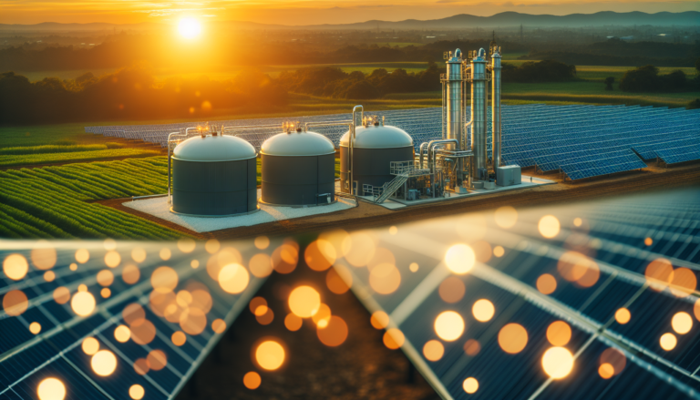 Combinación visual de Biogás y Energía Solar en una sola imagen: fondo mezclando ambos temas y esquema representativo del Biogás. Imagen mostrando un fondo que fusiona Biogás y Energía Solar junto a un esquema simbolizando el Biogás.