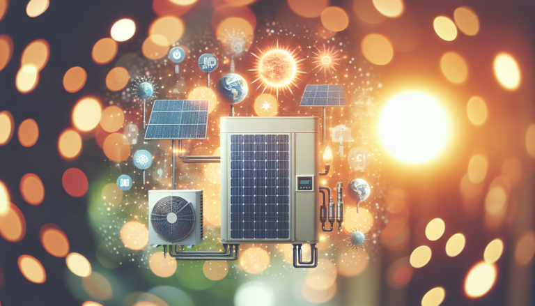 Ilustración conceptual de una Bomba de Calor y Frío en el contexto de la Energía Solar, simbolizando la eficiencia energética y la sostenibilidad. Esquema visual de una Bomba de Calor y Frío junto a energía solar, representando la simbiosis entre ambas tecnologías para la generación sostenible de energía.