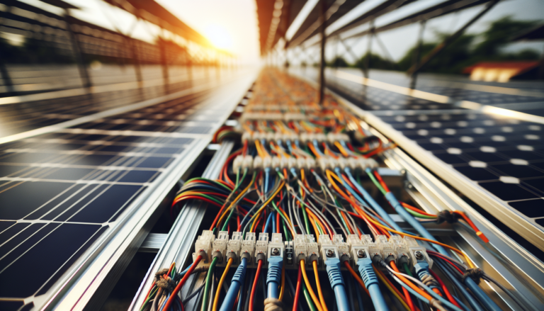 Innovador cableado eléctrico para energía solar con diseño único que une eficiencia y sostenibilidad en una sola imagen. Esquema innovador de cableado eléctrico para energía solar, destacando eficiencia y sostenibilidad en diseño combinado.