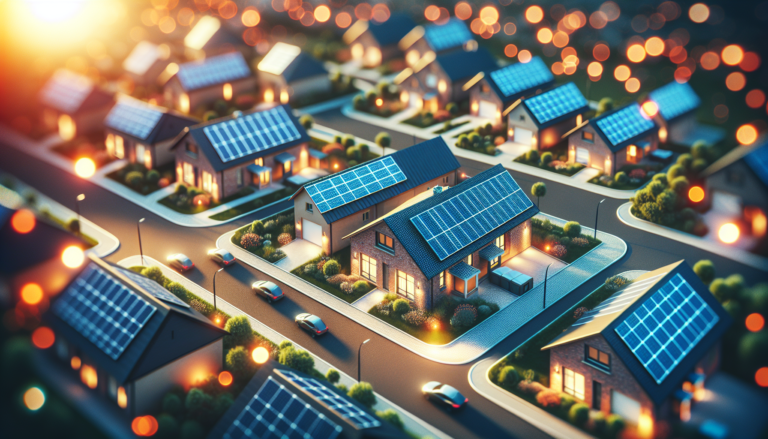 Ilustración de casas unifamiliares con energía solar, mostrando la integración de paneles solares en tejados y su importancia en la sostenibilidad del hogar.