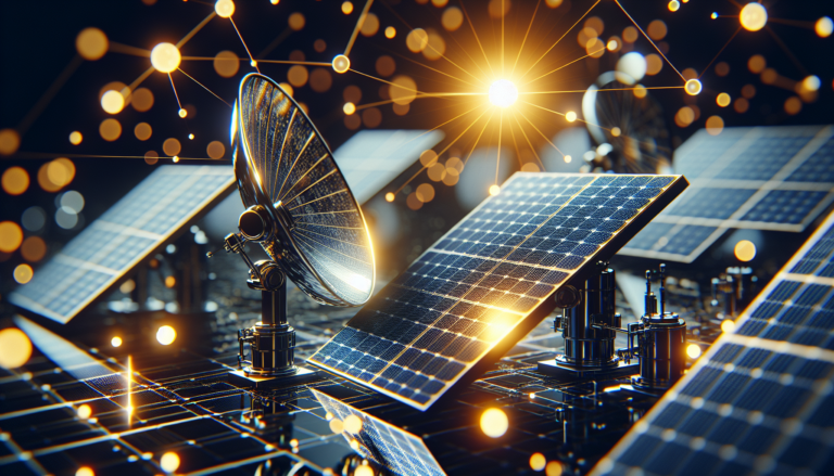 Ilustración de Energía Solar: Celdas Solares de Concentración integradas en paisaje solar y diagrama explicativo. Símbolo de tecnología limpia y eficiente.