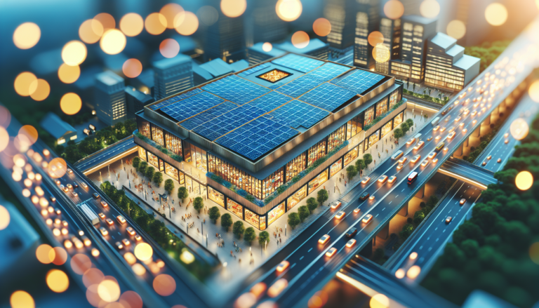 Futurista escenario solar en el corazón de un concurrido Centro Comercial, con la unión perfecta entre modernidad y sostenibilidad. Esquema conceptual que representa la simbiosis entre un Centro Comercial y la Energía Solar en un ambiente urbano avanzado.