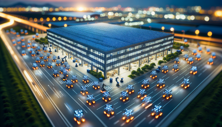 Imagen de fondo que muestra un Centro Logístico con instalaciones de energía solar, simbolizado por un diagrama detallado y estructurado. Elementos visuales combinados para representar eficiencia y sostenibilidad en la gestión de la logística y la energía. Centro Logístico con energía solar esquematizado. Eficiencia y sostenibilidad en la gestión logística y energética.